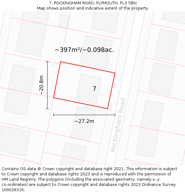 7, ROCKINGHAM ROAD, PLYMOUTH, PL3 5BN: Plot and title map