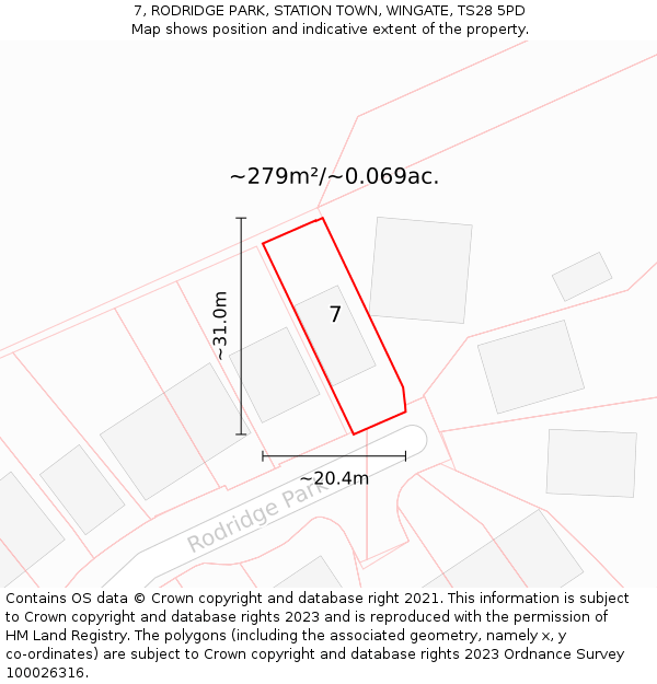 7, RODRIDGE PARK, STATION TOWN, WINGATE, TS28 5PD: Plot and title map