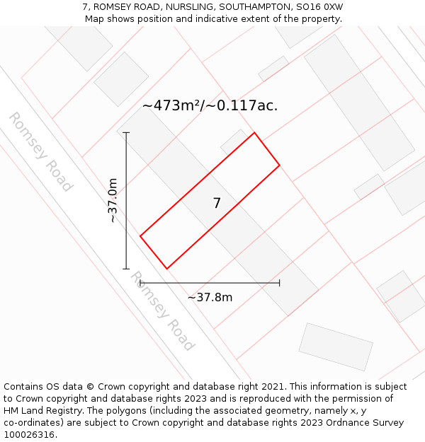 7, ROMSEY ROAD, NURSLING, SOUTHAMPTON, SO16 0XW: Plot and title map