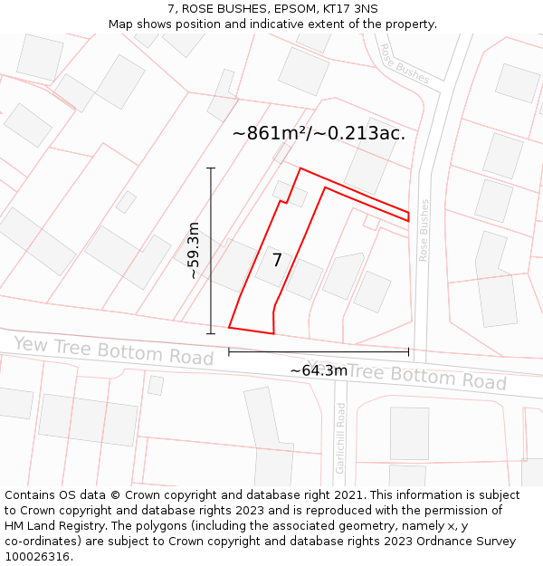 7, ROSE BUSHES, EPSOM, KT17 3NS: Plot and title map