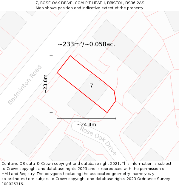 7, ROSE OAK DRIVE, COALPIT HEATH, BRISTOL, BS36 2AS: Plot and title map