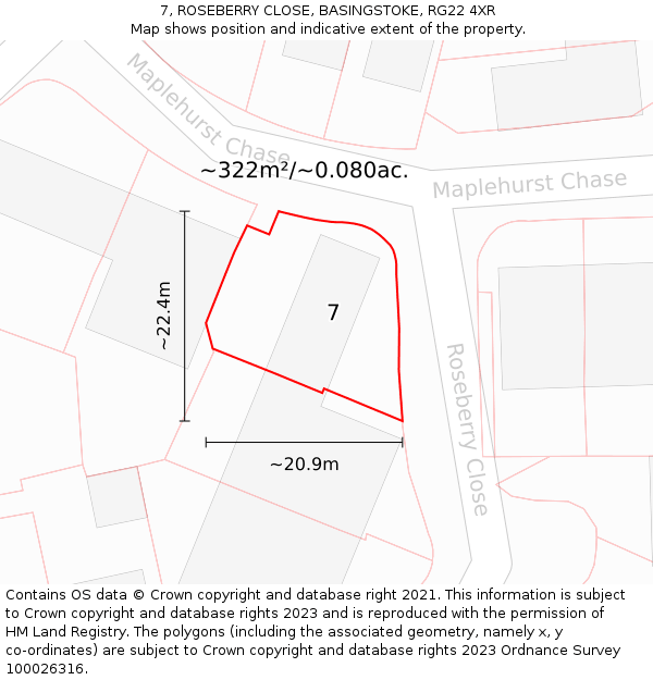 7, ROSEBERRY CLOSE, BASINGSTOKE, RG22 4XR: Plot and title map