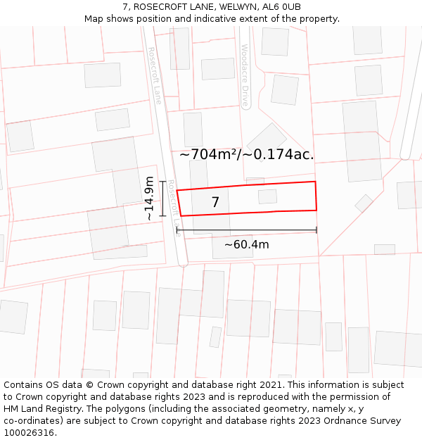 7, ROSECROFT LANE, WELWYN, AL6 0UB: Plot and title map