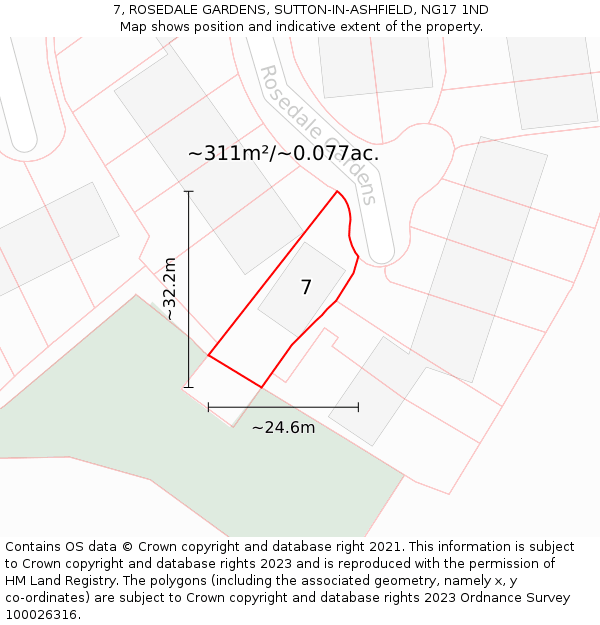 7, ROSEDALE GARDENS, SUTTON-IN-ASHFIELD, NG17 1ND: Plot and title map