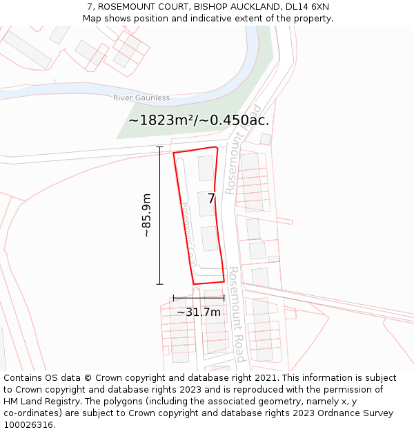 7, ROSEMOUNT COURT, BISHOP AUCKLAND, DL14 6XN: Plot and title map
