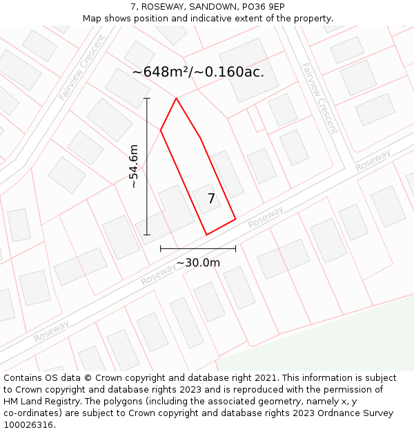 7, ROSEWAY, SANDOWN, PO36 9EP: Plot and title map