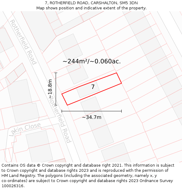 7, ROTHERFIELD ROAD, CARSHALTON, SM5 3DN: Plot and title map
