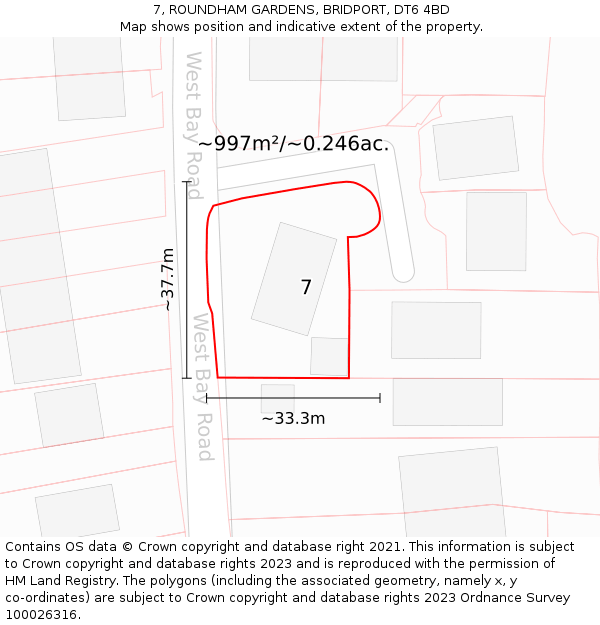 7, ROUNDHAM GARDENS, BRIDPORT, DT6 4BD: Plot and title map