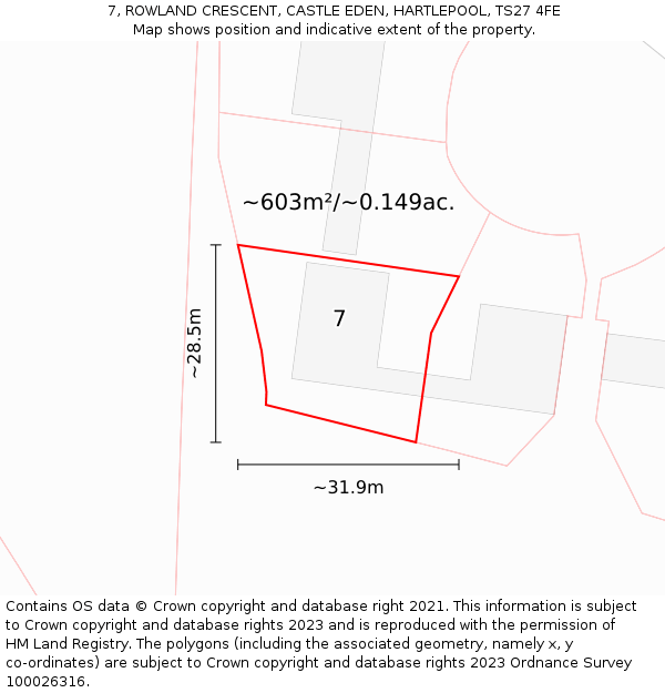 7, ROWLAND CRESCENT, CASTLE EDEN, HARTLEPOOL, TS27 4FE: Plot and title map