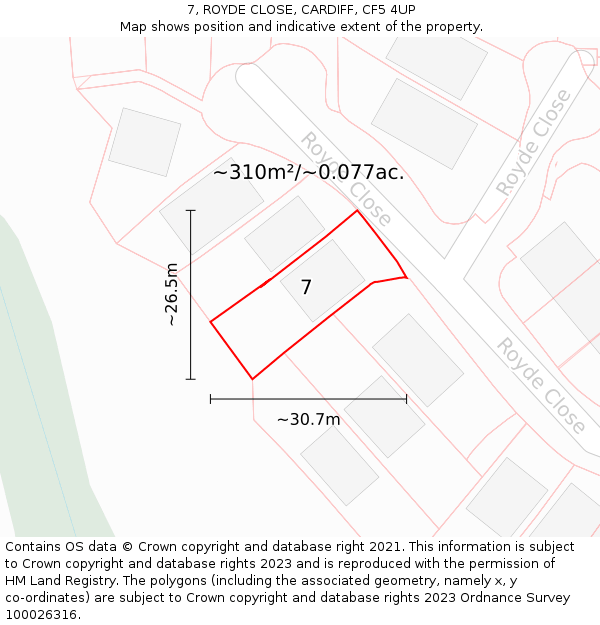 7, ROYDE CLOSE, CARDIFF, CF5 4UP: Plot and title map