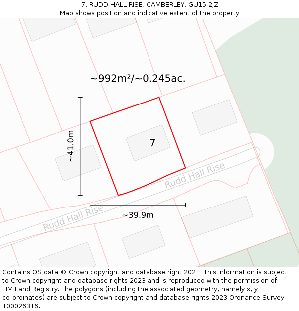 7, RUDD HALL RISE, CAMBERLEY, GU15 2JZ: Plot and title map