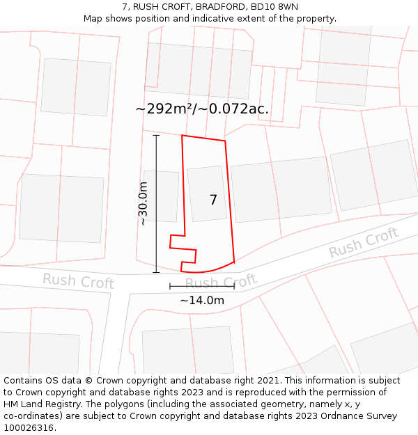 7, RUSH CROFT, BRADFORD, BD10 8WN: Plot and title map