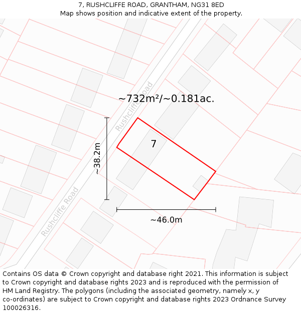 7, RUSHCLIFFE ROAD, GRANTHAM, NG31 8ED: Plot and title map