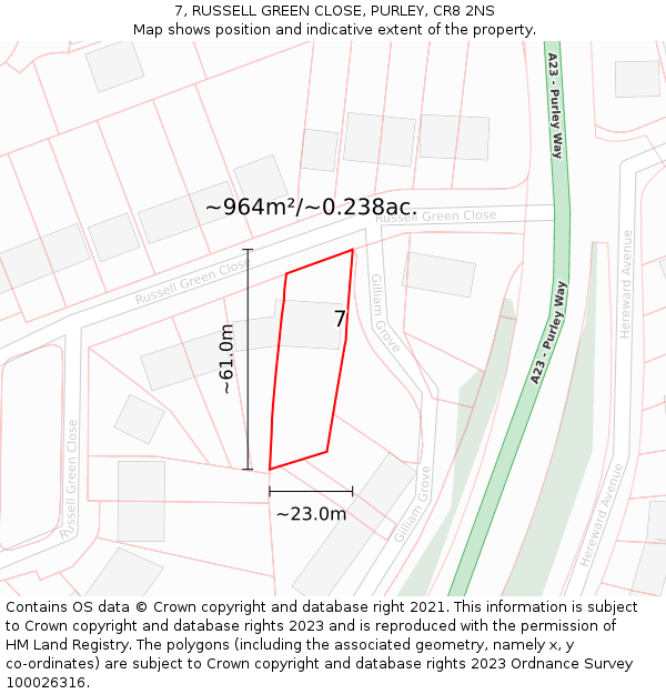 7, RUSSELL GREEN CLOSE, PURLEY, CR8 2NS: Plot and title map