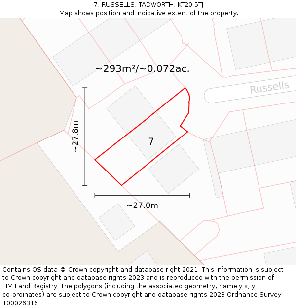 7, RUSSELLS, TADWORTH, KT20 5TJ: Plot and title map