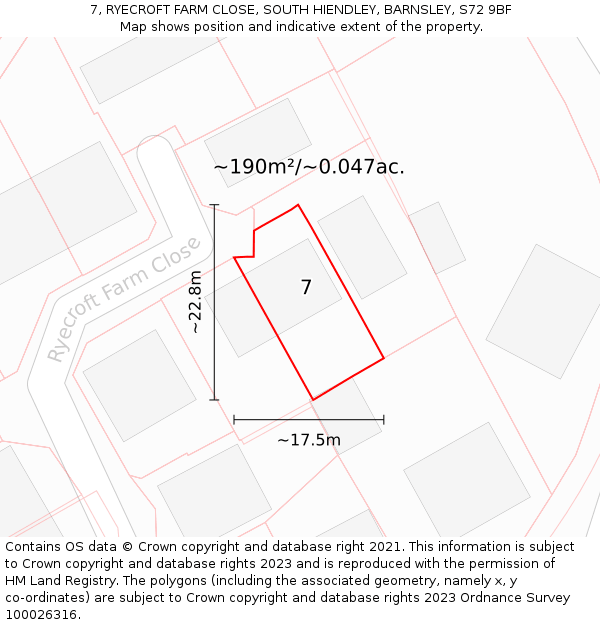 7, RYECROFT FARM CLOSE, SOUTH HIENDLEY, BARNSLEY, S72 9BF: Plot and title map