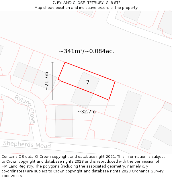 7, RYLAND CLOSE, TETBURY, GL8 8TF: Plot and title map