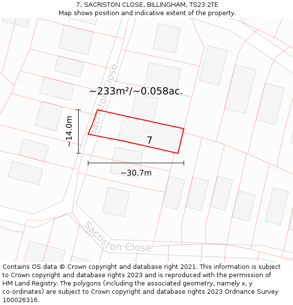 7, SACRISTON CLOSE, BILLINGHAM, TS23 2TE: Plot and title map