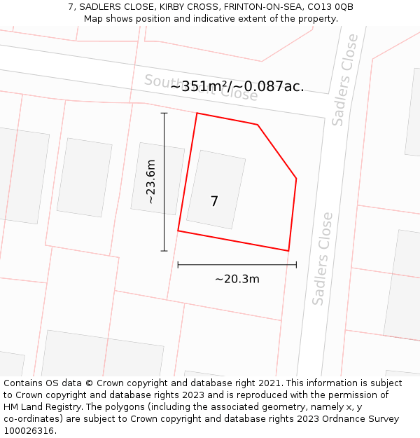 7, SADLERS CLOSE, KIRBY CROSS, FRINTON-ON-SEA, CO13 0QB: Plot and title map