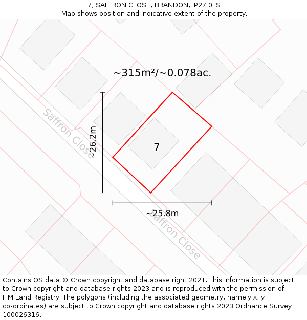 7, SAFFRON CLOSE, BRANDON, IP27 0LS: Plot and title map