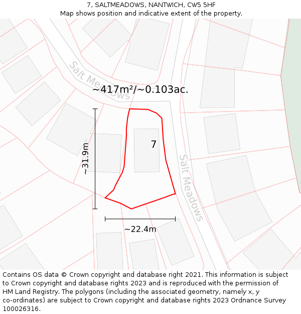 7, SALTMEADOWS, NANTWICH, CW5 5HF: Plot and title map