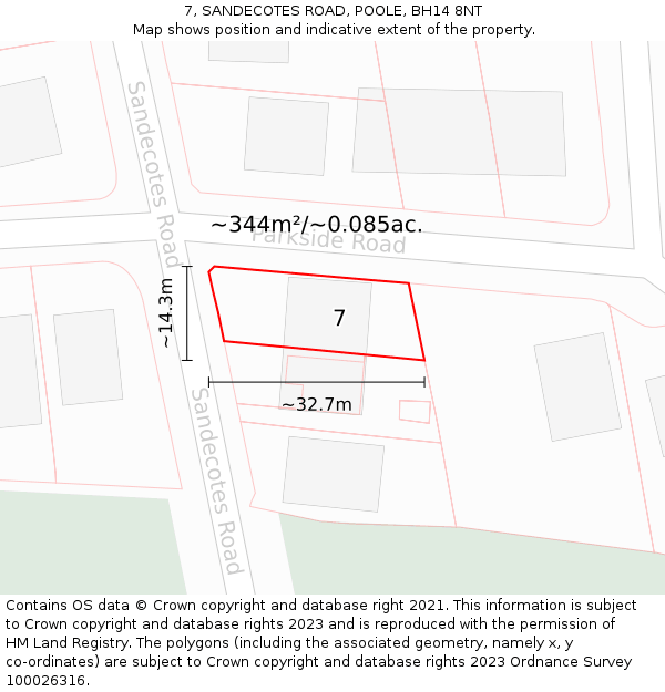 7, SANDECOTES ROAD, POOLE, BH14 8NT: Plot and title map