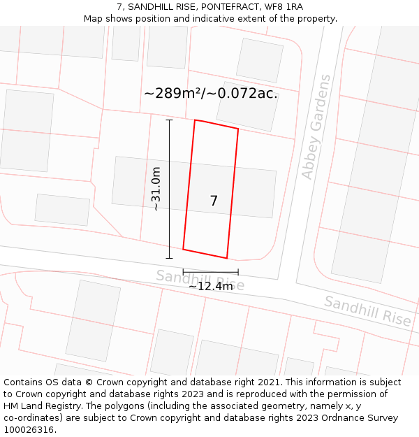 7, SANDHILL RISE, PONTEFRACT, WF8 1RA: Plot and title map