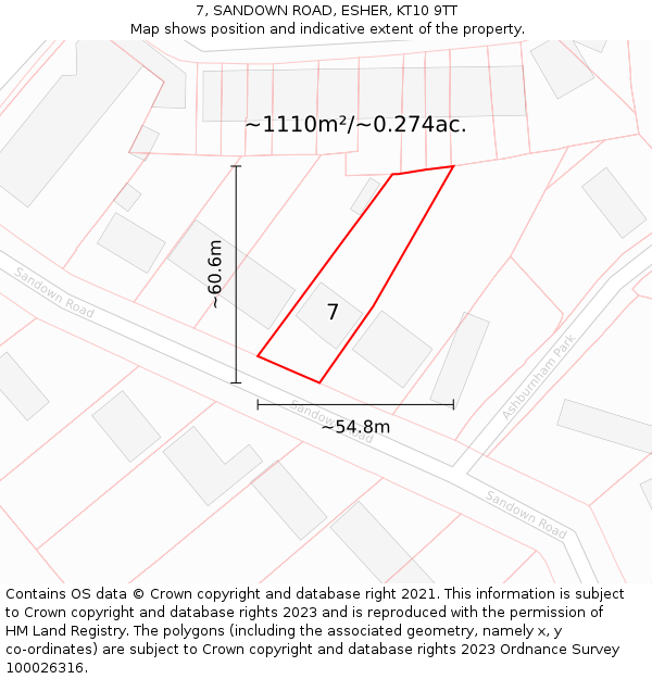 7, SANDOWN ROAD, ESHER, KT10 9TT: Plot and title map