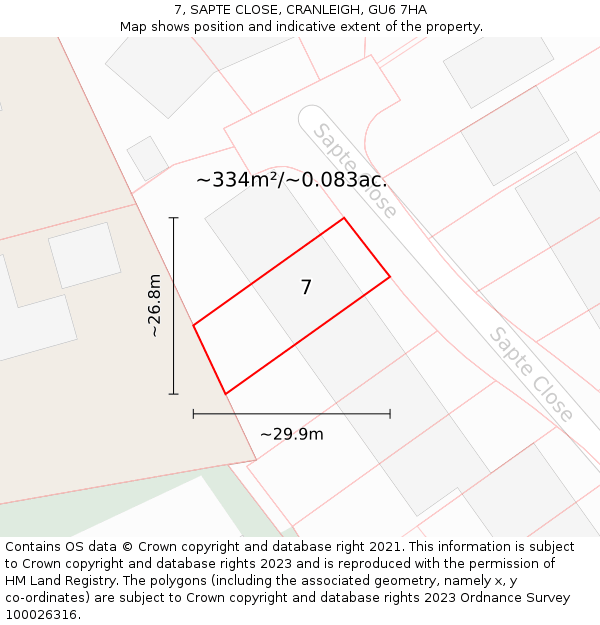 7, SAPTE CLOSE, CRANLEIGH, GU6 7HA: Plot and title map