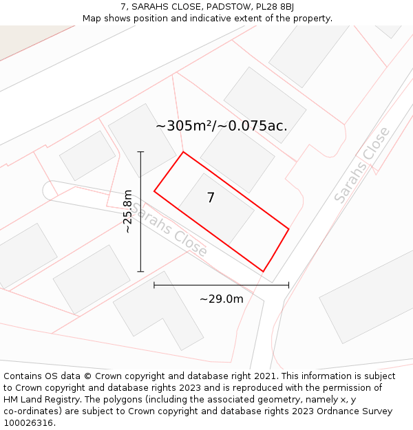 7, SARAHS CLOSE, PADSTOW, PL28 8BJ: Plot and title map