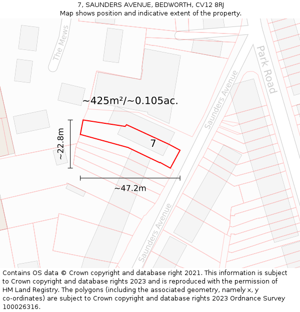 7, SAUNDERS AVENUE, BEDWORTH, CV12 8RJ: Plot and title map