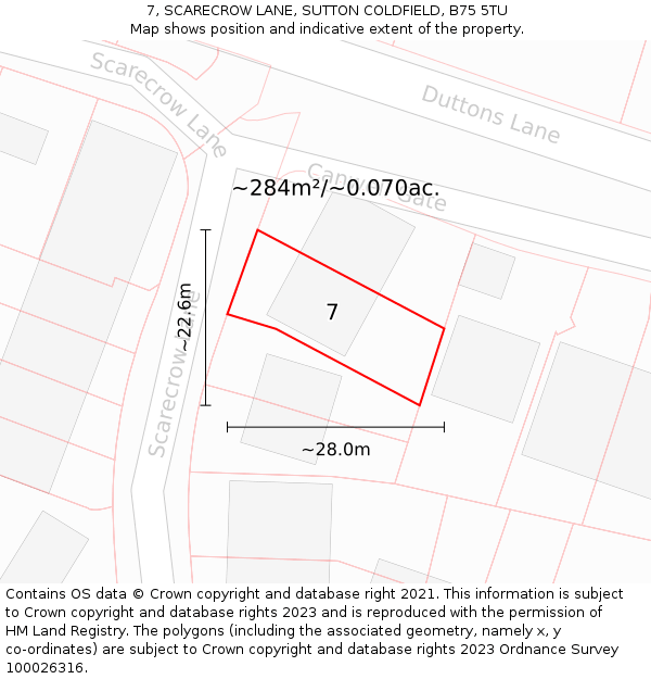 7, SCARECROW LANE, SUTTON COLDFIELD, B75 5TU: Plot and title map