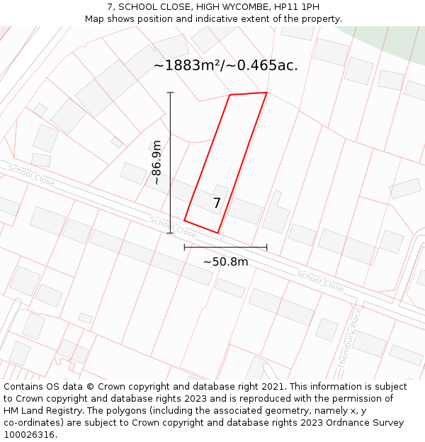 7, SCHOOL CLOSE, HIGH WYCOMBE, HP11 1PH: Plot and title map