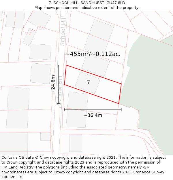 7, SCHOOL HILL, SANDHURST, GU47 8LD: Plot and title map