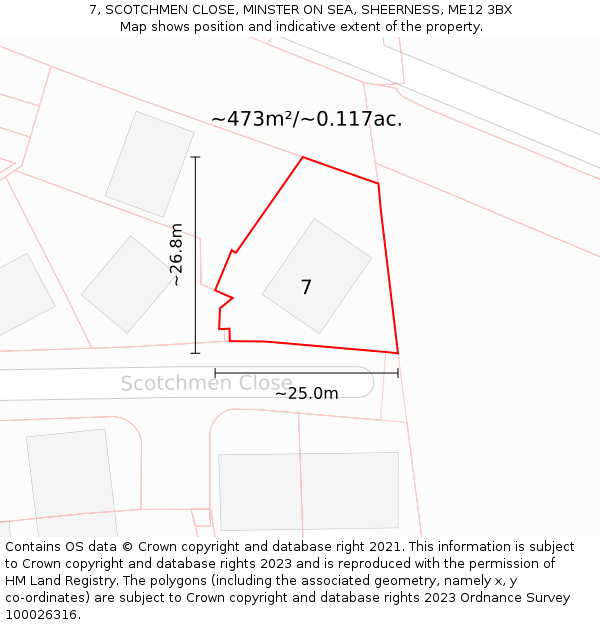 7, SCOTCHMEN CLOSE, MINSTER ON SEA, SHEERNESS, ME12 3BX: Plot and title map