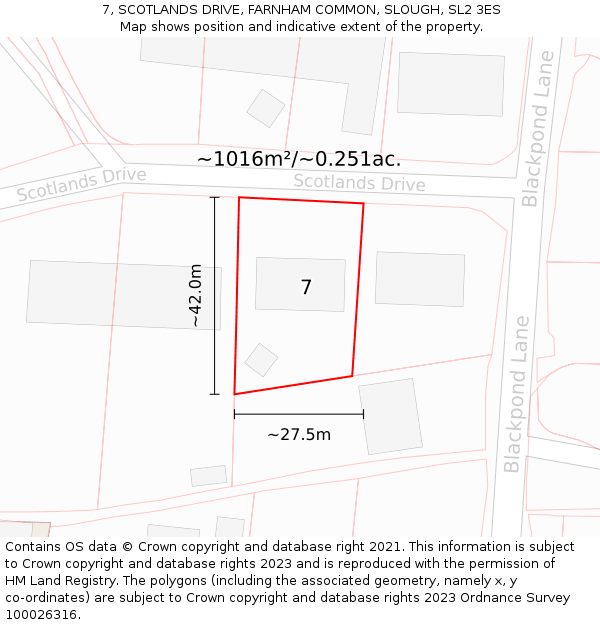 7, SCOTLANDS DRIVE, FARNHAM COMMON, SLOUGH, SL2 3ES: Plot and title map