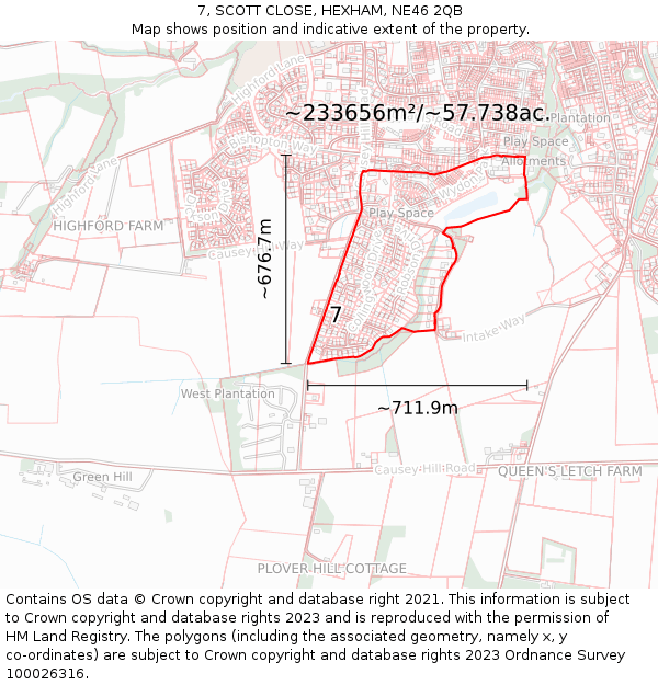 7, SCOTT CLOSE, HEXHAM, NE46 2QB: Plot and title map