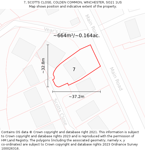 7, SCOTTS CLOSE, COLDEN COMMON, WINCHESTER, SO21 1US: Plot and title map