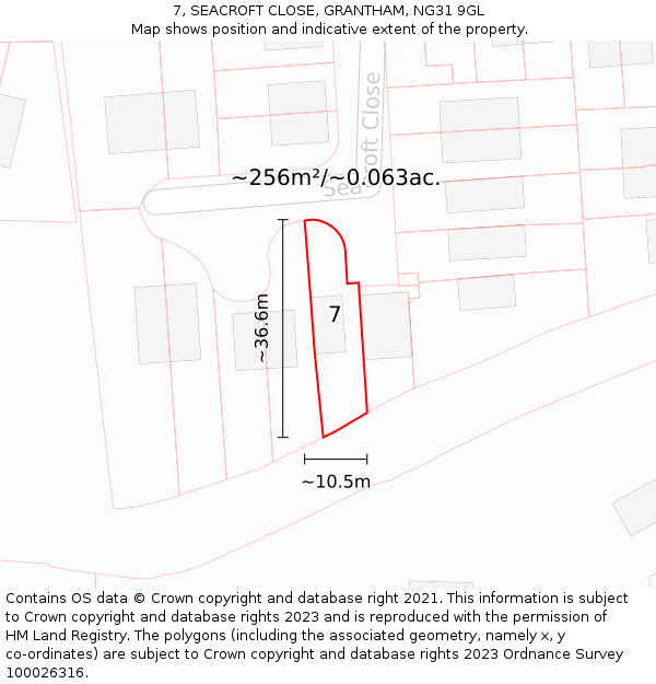 7, SEACROFT CLOSE, GRANTHAM, NG31 9GL: Plot and title map