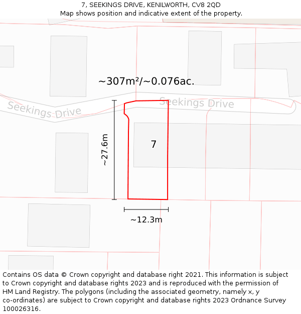 7, SEEKINGS DRIVE, KENILWORTH, CV8 2QD: Plot and title map