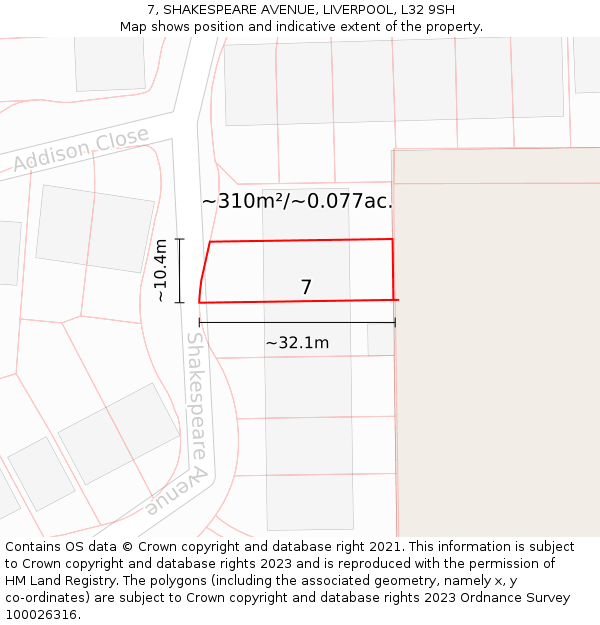 7, SHAKESPEARE AVENUE, LIVERPOOL, L32 9SH: Plot and title map