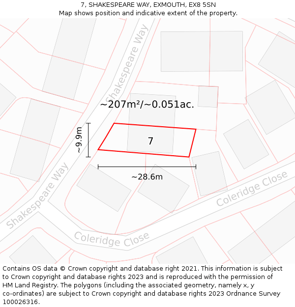 7, SHAKESPEARE WAY, EXMOUTH, EX8 5SN: Plot and title map