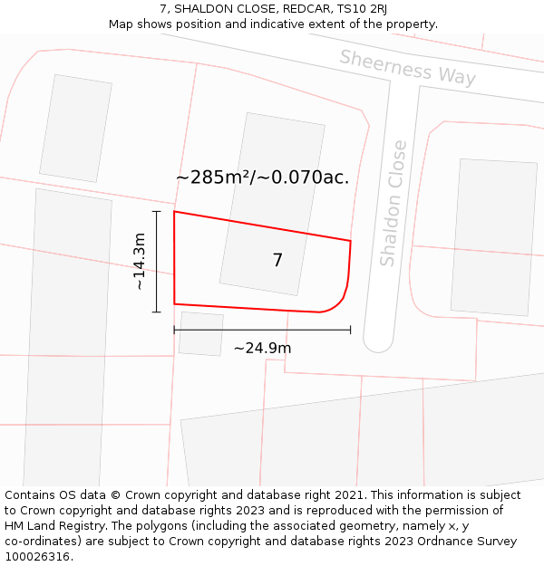 7, SHALDON CLOSE, REDCAR, TS10 2RJ: Plot and title map