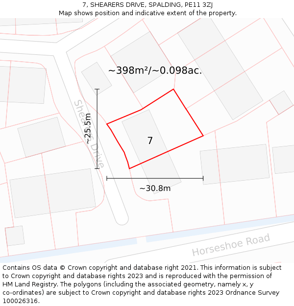 7, SHEARERS DRIVE, SPALDING, PE11 3ZJ: Plot and title map