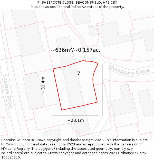 7, SHEEPCOTE CLOSE, BEACONSFIELD, HP9 1SX: Plot and title map