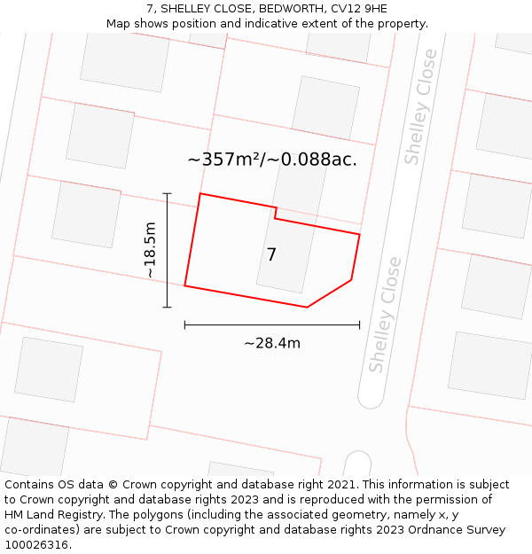 7, SHELLEY CLOSE, BEDWORTH, CV12 9HE: Plot and title map