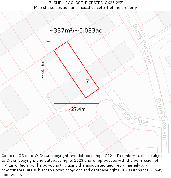 7, SHELLEY CLOSE, BICESTER, OX26 2YZ: Plot and title map