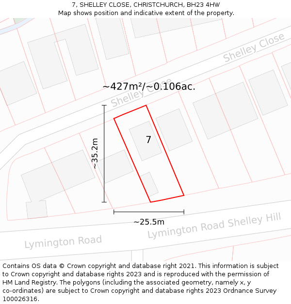 7, SHELLEY CLOSE, CHRISTCHURCH, BH23 4HW: Plot and title map