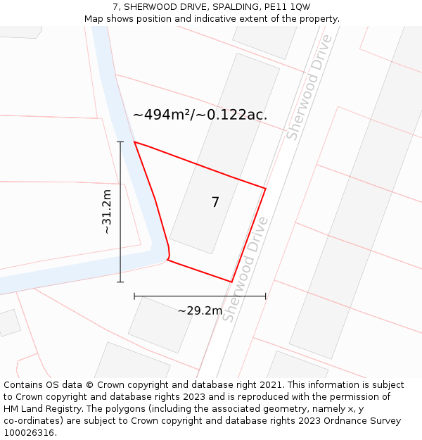 7, SHERWOOD DRIVE, SPALDING, PE11 1QW: Plot and title map