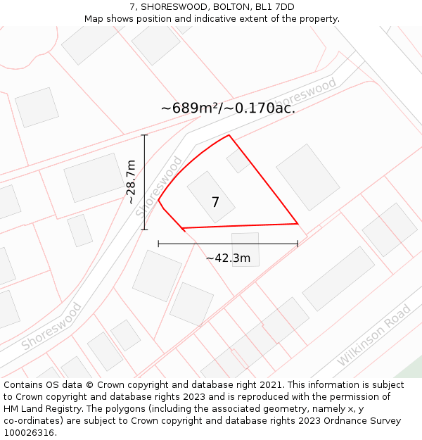 7, SHORESWOOD, BOLTON, BL1 7DD: Plot and title map